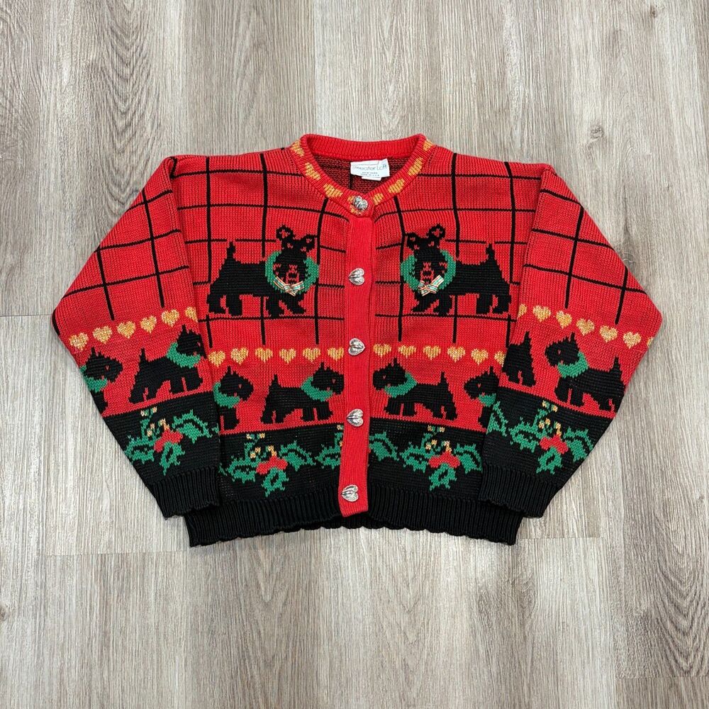 RARE Vtg 80s 90s Scottish Terrier Sweater Loft NY Women's Large Red Heart Button